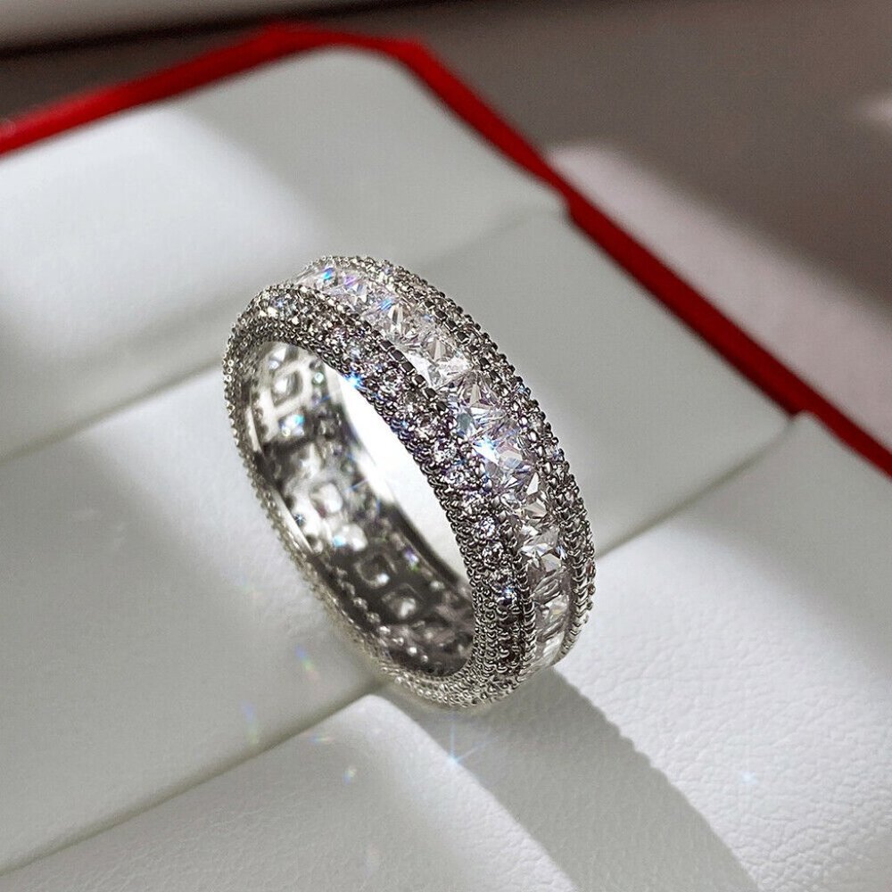 925 Sterling Silver Diamond Eternity Ring Band Wedding Statement Ring - Picture 5 of 7